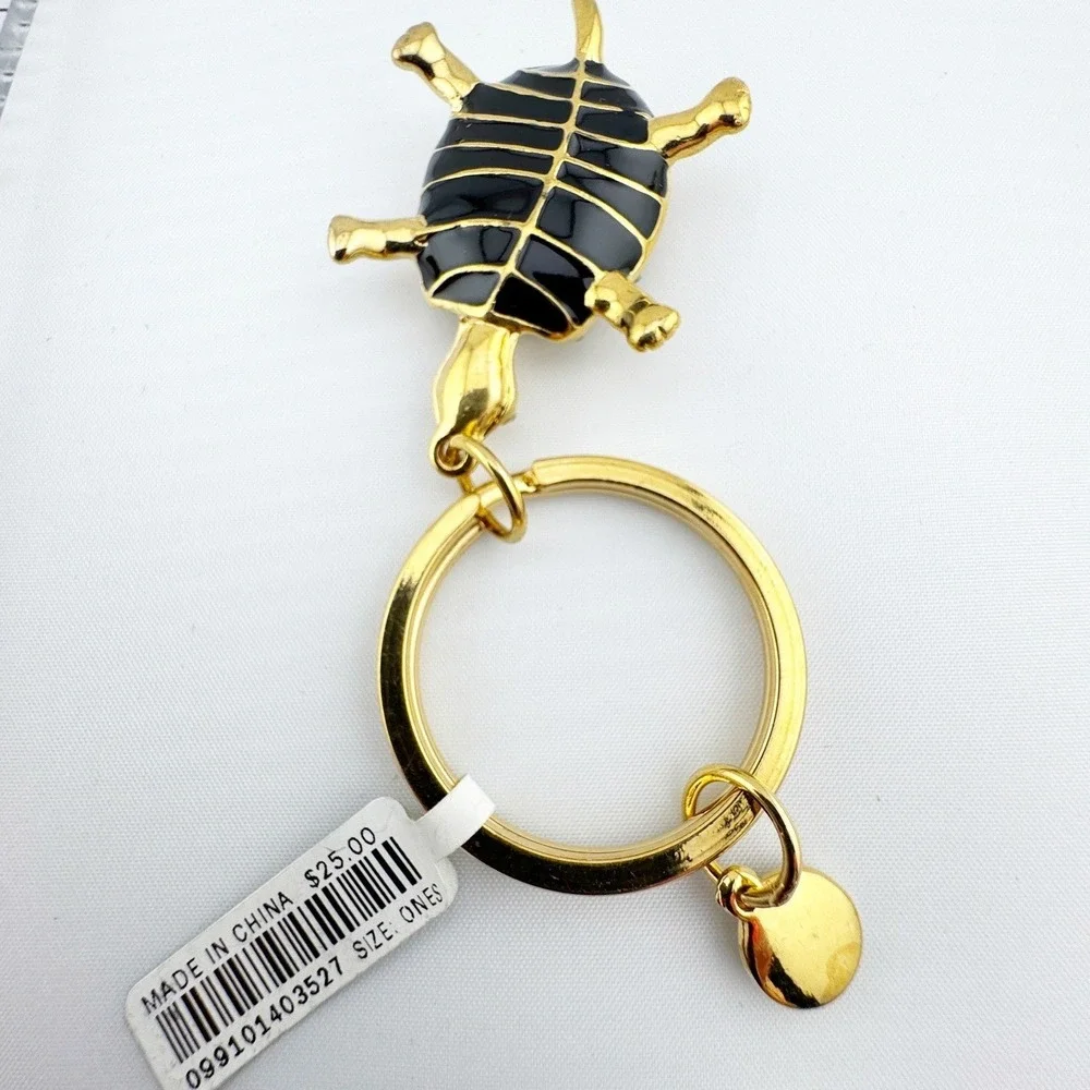 J.Crew Gold Tone‎ Black Cabochon Turtle Keychain Bag Charm Turquoise Accents NEW